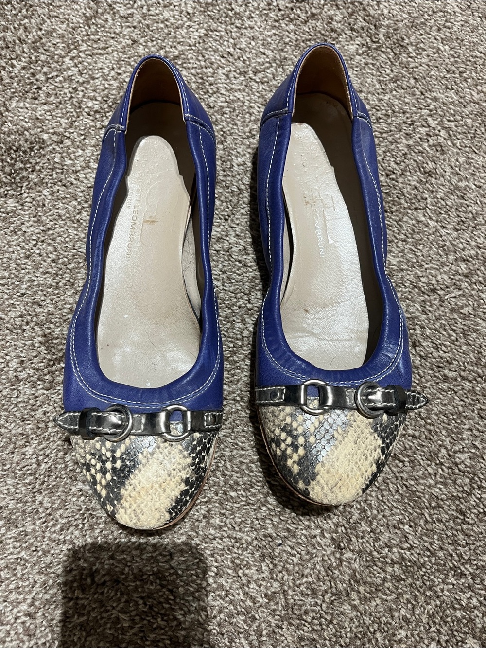 Vince Camuto Blue Flats with Snake-Print Toe and Silver Buckle